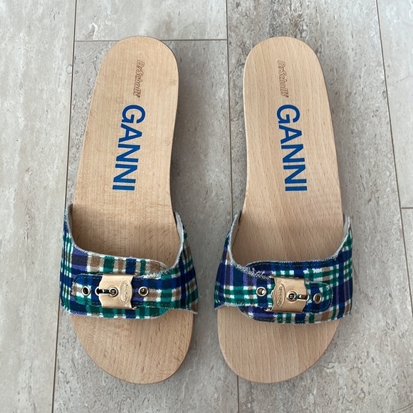NWT GANNI x Dr. Scholl's Plaid Wooden Clog Sandals Buckle Retro Slides Blue 9 - Picture 3 of 13